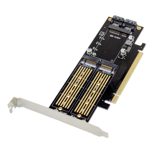 PCIe 3.0 x16 3-in-1 SSD Adapter, 1-port M.2 B-key & 1-port M.2 M-key & 1-port mSATA