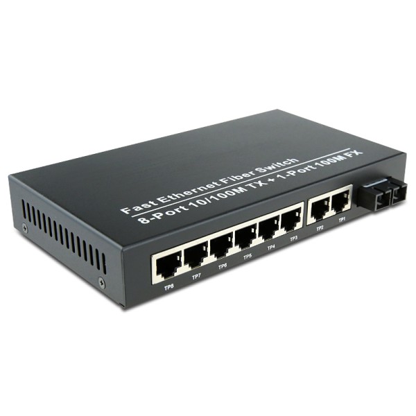 Dual Fiber 10/100Base-TX to 100Base-EX Fast Ethernet Standalone Fiber Media Converter, 1-port Fiber & 8-port RJ45, 1310nm Singlemode, 40km